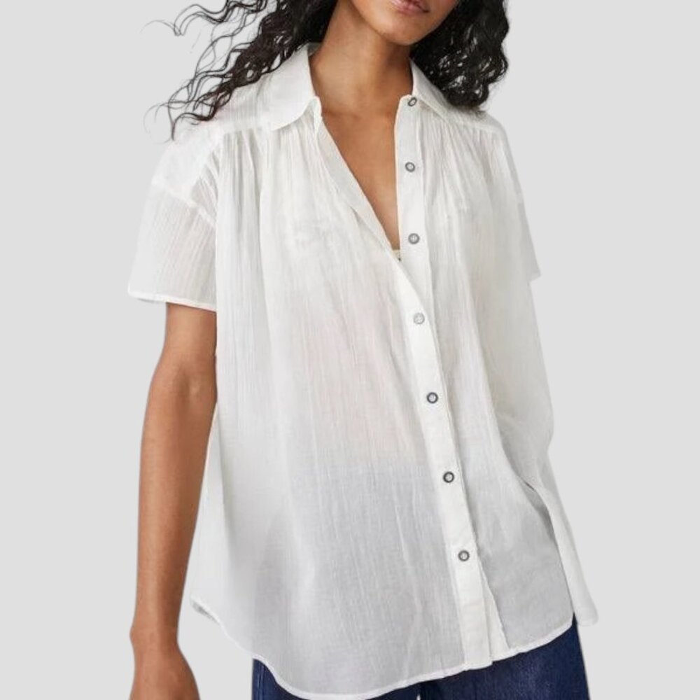 We the Free, Free People Float Away White Button Down Short Sleeve Top, XS